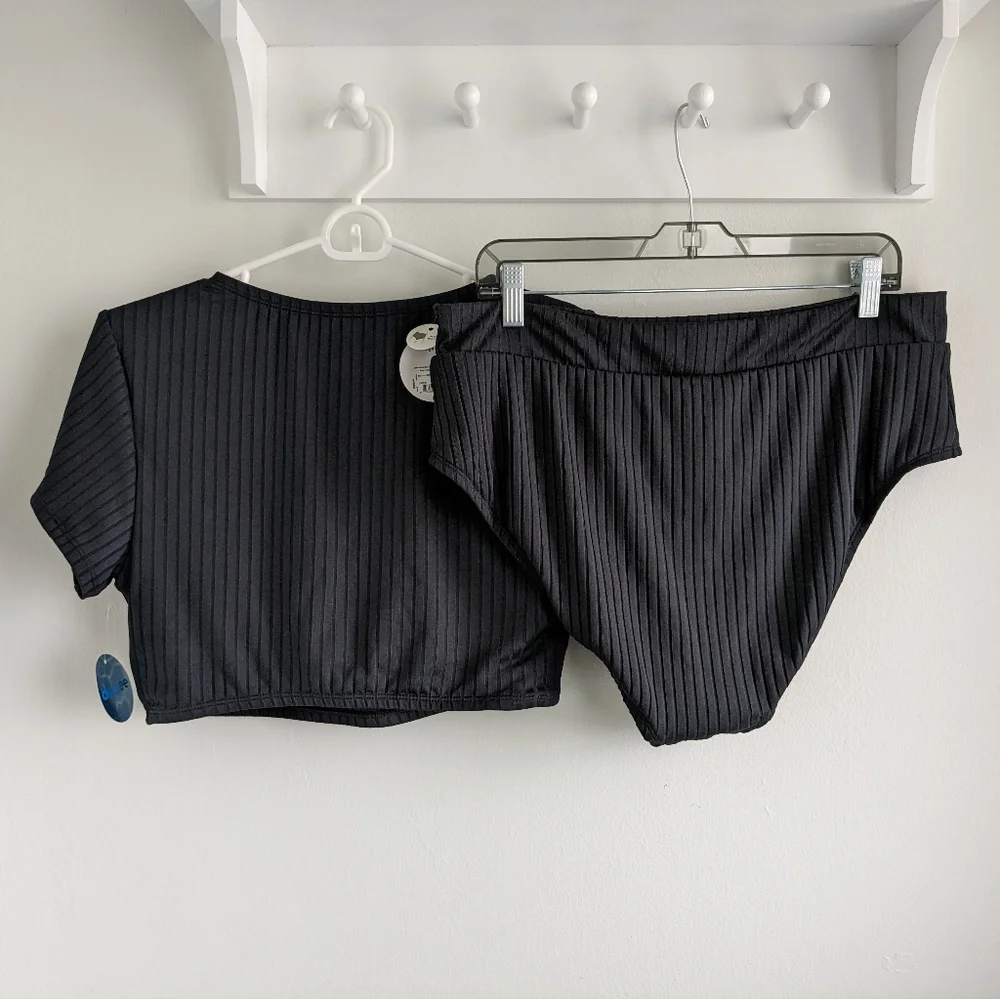 NWT Decree 2-Piece Ribbed Swimsuit - Short Sleeve Crop Top, High Waisted Bottom - Picture 3 of 7